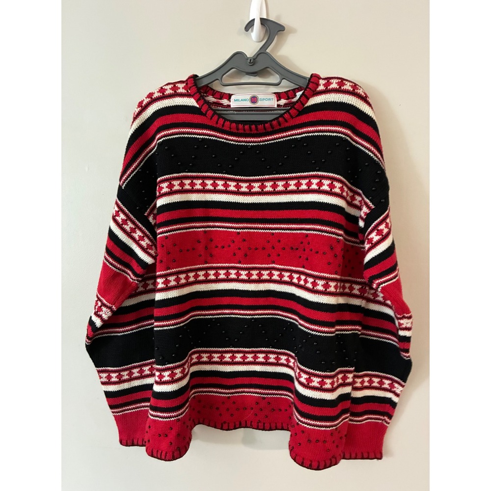 Vintage Milano Sport Sweater Womens L Red Black Beaded Knit Indie